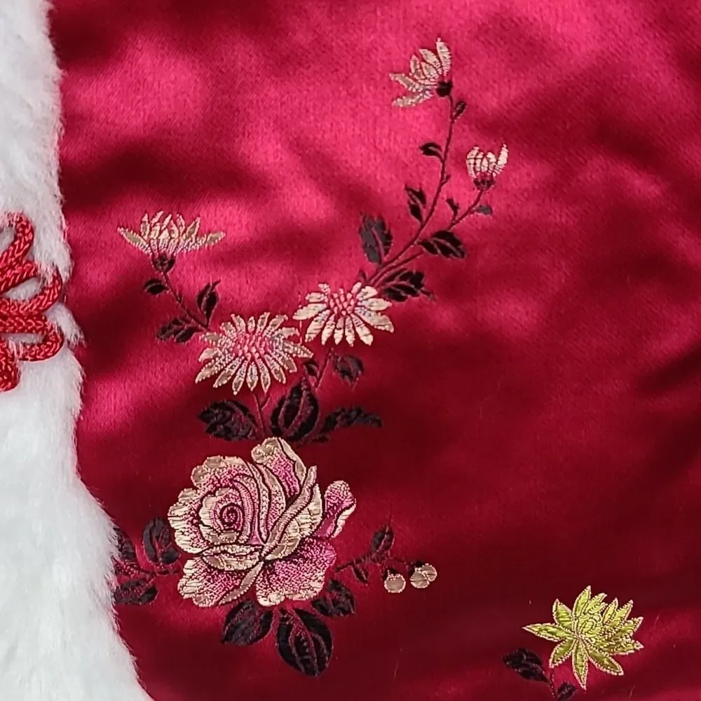 Chinese New Year Brocade Vest Kids 10 Red Satin Faux Fur Lunar Festival Unisex